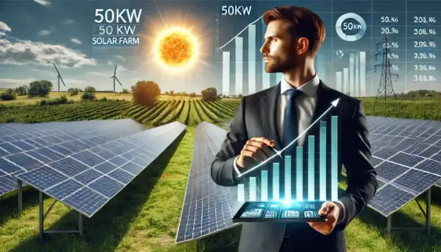 Biznesmen analizuje wykresy na tle farmy fotowoltaicznej i farmy wiatrowej.
