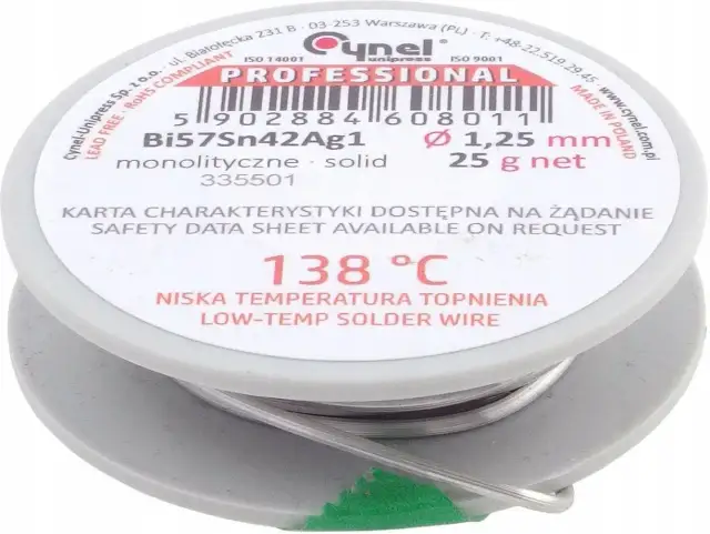Cyna do lutowania z niską temperaturą topnienia 138°C, drut 1,25 mm, 25g. Idealna do precyzyjnych prac.