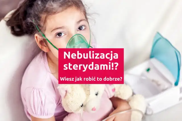 Dziewczynka z maską nebulizatora na twarzy, trzymająca misia. Obok leży inhalator.