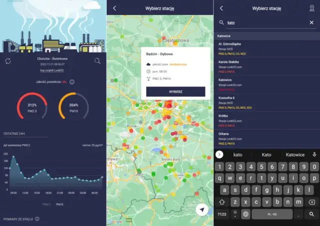 Aplikacja pokazuje, że w Chorzowie jakość powietrza jest zła, a w Będzinie wystarczająca. Czy dzisiaj jest smog? Sprawdź na mapie zanieczyszczeń.