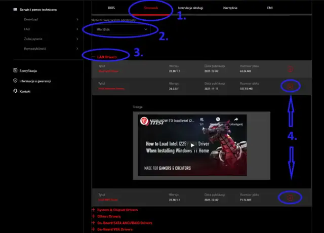 Jak zaktualizować sterowniki karty sieciowej: wybierz "Sterownik", system Win10 64, a następnie "LAN Drivers". Kliknij ikonę pobierania.