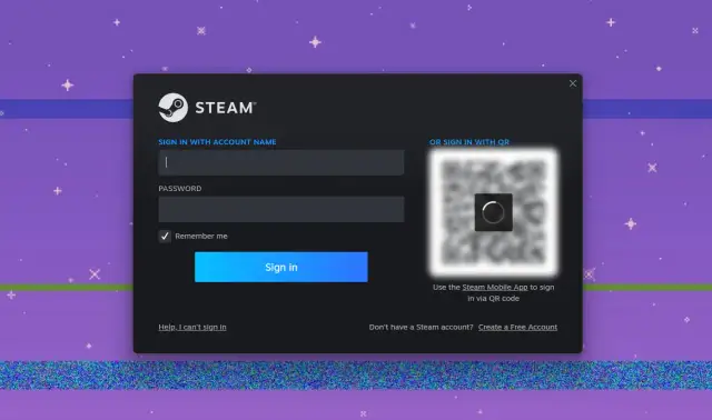 Okno logowania Steam z polami na nazwę użytkownika i hasło, oraz kodem QR do logowania mobilnego.