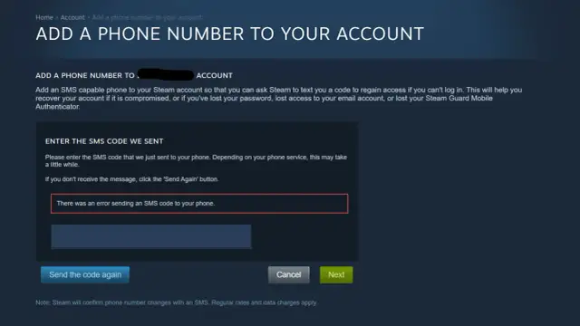 Ekran Steam z komunikatem błędu: "Wystąpił błąd podczas wysyłania kodu SMS na Twój telefon.
