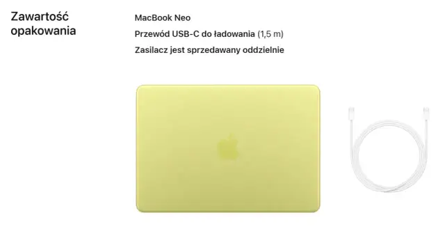 Kiedy nowy MacBook Neo, w zestawie przewód USB-C. Zasilacz kupisz osobno.