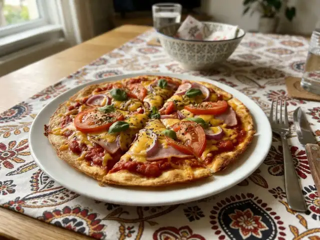 Pyszna pizza z tortilli z pomidorami, szynką i serem, udekorowana bazylią. Idealna na szybki obiad.