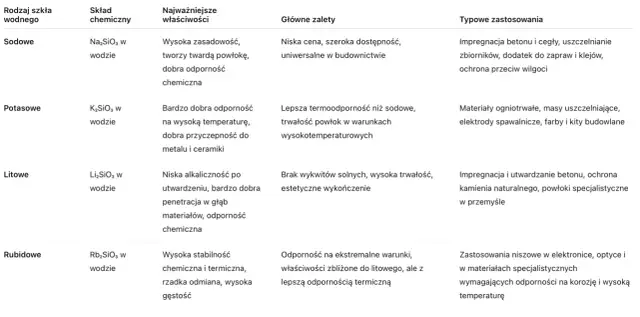 Tabela porównująca rodzaje szkła wodnego: sodowe, potasowe, litowe i rubidowe, ich skład, właściwości i zastosowania. Szkło wodne jako grunt znajduje zastosowanie w impregnacji betonu i cegły.