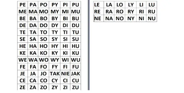 Tabele z sylabami, np. PE, PA, PO, PY, PI, PU, ME, MA, MO, MY, MI, MU. Idealne, by nauczyć 6 latka czytać.