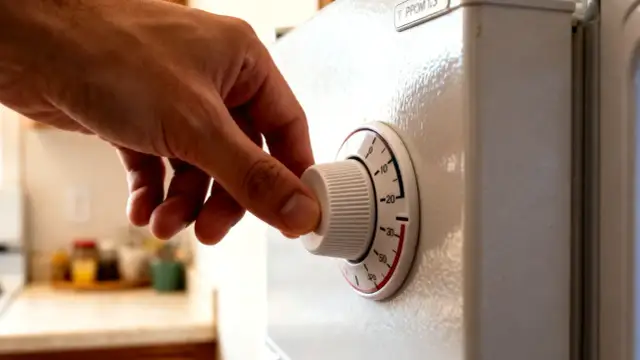 Dłoń kręci pokrętłem termostatu lodówki, ustawiając temperaturę.