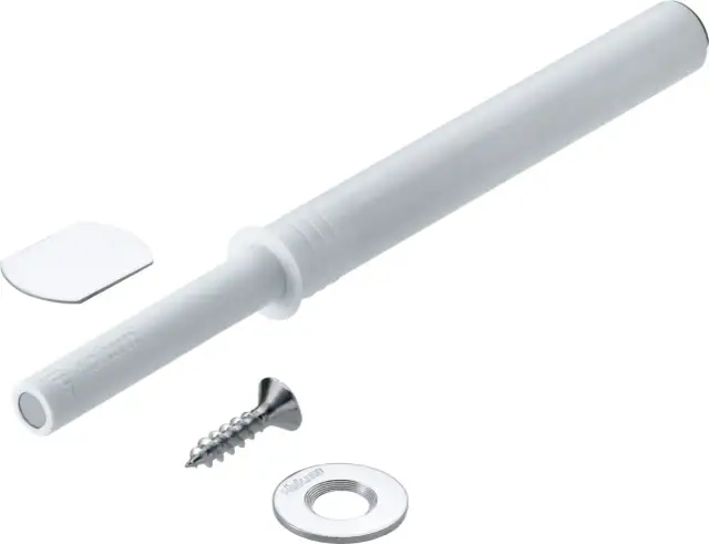 System tip on: biały mechanizm push-to-open Blum z magnesem, śrubą i blaszką.