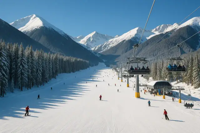 Narciarze szusują po ośnieżonych stokach Kopaonik w Serbii, a kolejka linowa unosi ich ku szczytom.