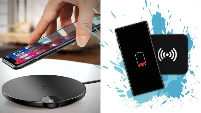 Czy Samsung A32 ma ładowanie indukcyjne? Na zdjęciu widać telefon zbliżany do ładowarki bezprzewodowej.
