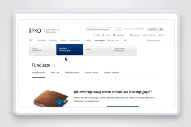 Ekran bankowości PKO BP z zakładką "Fundusze Inwestycyjne". Dowiedz się, jak zamknąć fundusz inwestycyjny PKO.