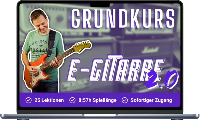 Mann spielt orange E-Gitarre, "GRUNDKURS E-GITARRE 2.0" steht im Bild.