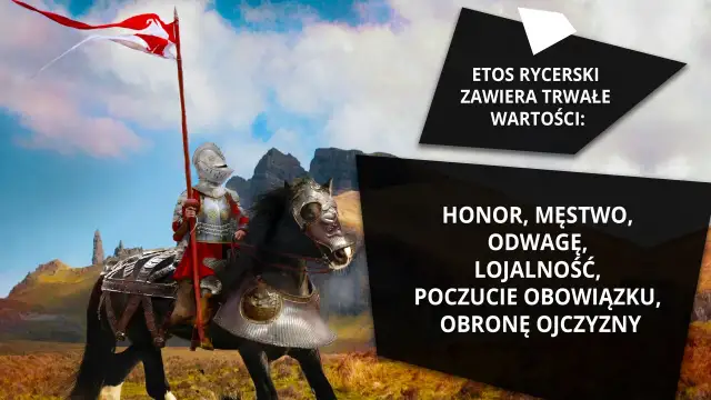 Rycerz w zbroi na koniu z flagą, na tle gór i chmur.