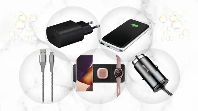 Różnorodne typy ładowarek do telefonów: sieciowa, bezprzewodowa, samochodowa, kable USB i ładowarka do zegarka.