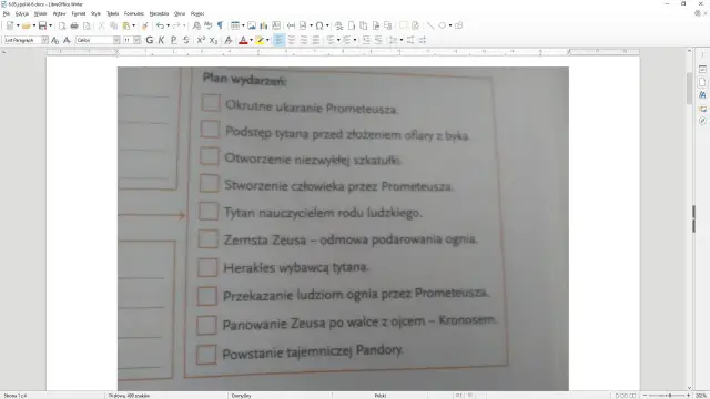 Plan wydarzeń: okrutne ukaranie Prometeusza, podstęp tytana, stworzenie człowieka, zemsta Zeusa, Herakles wybawca tytana, przekazanie ognia, powstanie Pandory.