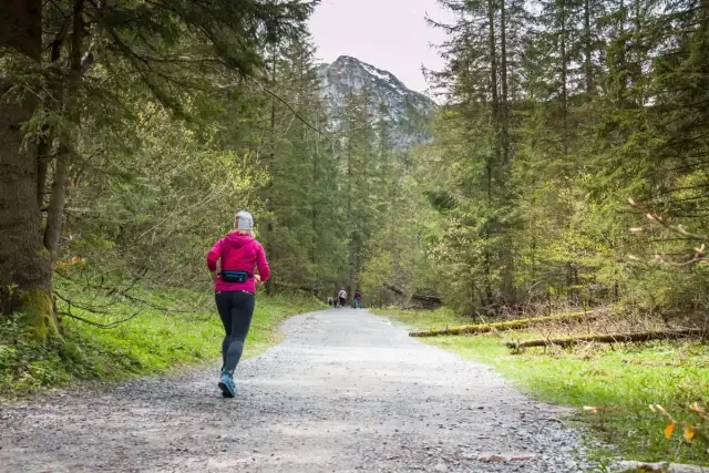 Kobieta w różowej bluzie biegnie leśną ścieżką. W tle widać góry i las. To idealne miejsce na bieganie po górach.
