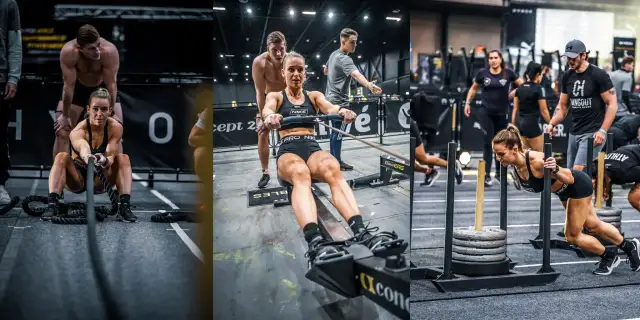 Trzy sceny treningu CrossFit: kobieta ciągnie linę, wiosłuje na ergometrze, pcha sanie.