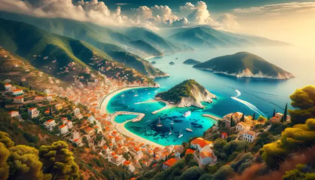 Malownicza zatoka z turkusową wodą, białe domy na zielonych wzgórzach i góry w tle.