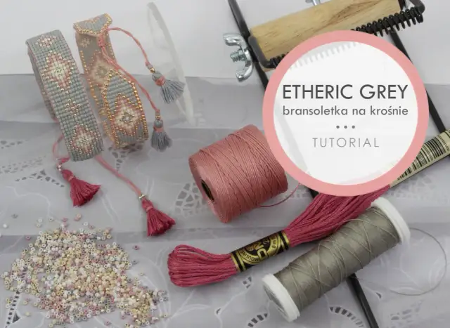 Bransoletki z koralików, nici, koraliki i narzędzia do tworzenia biżuterii.