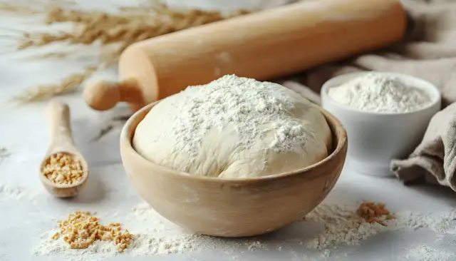 Ciasto na pyszną pizzę bezglutenową rośnie w drewnianej misce, obok wałka i mąki.