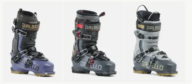 Trzy buty narciarskie Dalbello w różnych kolorach: fioletowy, ciemnoszary i jasnoszary.