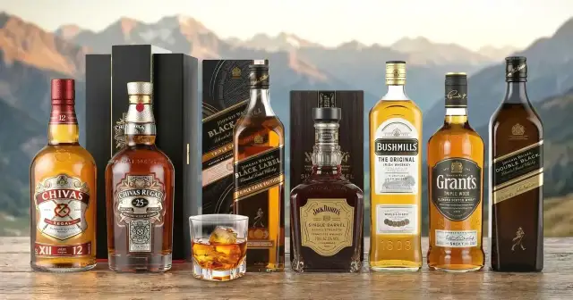 Butelki różnych marek whisky, w tym Chivas Regal, Johnnie Walker, Jack Daniel's, Bushmills i Grant's, na tle gór.