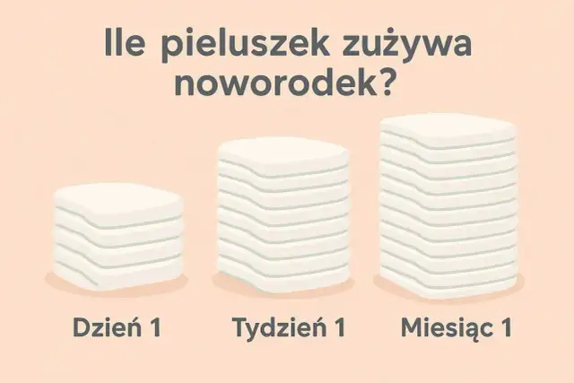 Ile pampersów dziennie zużywa noworodek? Grafika pokazuje stosy pieluszek na Dzień 1, Tydzień 1 i Miesiąc 1, ilustrując ich rosnącą liczbę.
