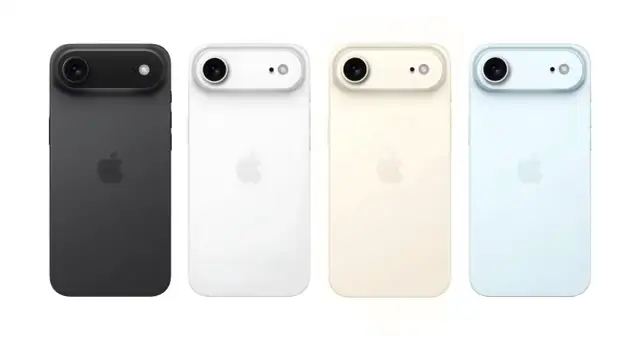 Cztery wersje kolorystyczne iPhone 17 Air: czarny, biały, kremowy i błękitny. Każdy z nich ma podwójny aparat i logo Apple.