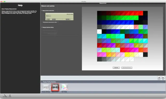 Ekran z kolorowymi łatkami i opcjami do kalibracji monitora. Program i1Profiler pomaga jak skalibrować monitor.