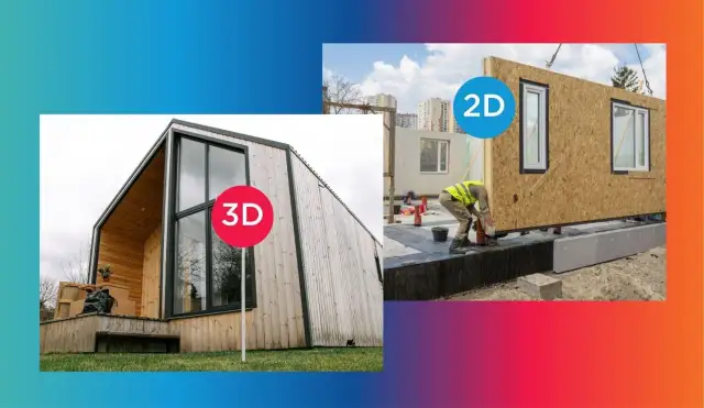 Dwa domy: jeden gotowy, drewniany, z napisem 3D, drugi w budowie, z prefabrykowanych elementów, z napisem 2D.