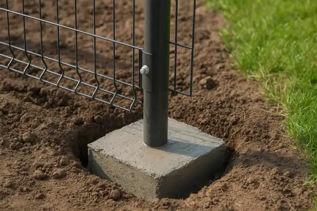 Solidny beton na fundament ogrodzenia zapewnia stabilność słupka. Widać też siatkę ogrodzeniową i trawę.