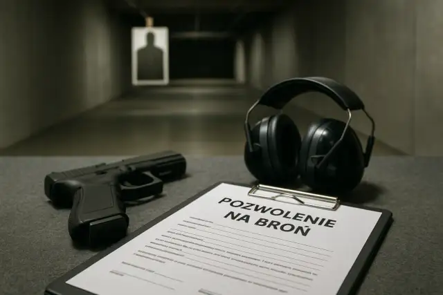 Pistolet, słuchawki i formularz "Pozwolenie na broń" na strzelnicy.