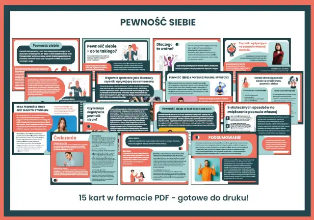 Jak być pewnym siebie w towarzystwie? Zestaw 15 kart PDF pomoże Ci budować pewność siebie i poczucie własnej wartości.