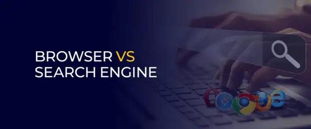 Grafika wyjaśnia, czym się różni przeglądarka od wyszukiwarki, pokazując ikony popularnych przeglądarek i pole wyszukiwania.