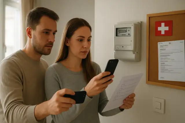 Para z telefonami przy liczniku gazowym i arkuszem papieru.