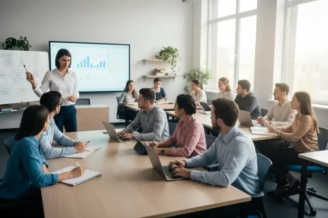 Grupa osób uczestniczy w szkoleniu, gdzie nauczycielka wyjaśnia materiał przy tablicy i ekranie. To przykład nauczania hybrydowego jak wygląda w praktyce.