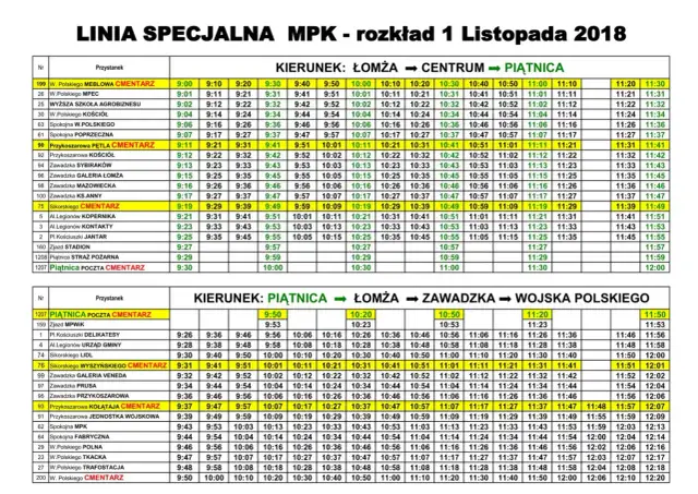 Rozkład jazdy dworca Łomża: linia specjalna MPK Łomża – Centrum – Piątnica oraz Piątnica – Łomża – Zawadzka – Wojsko Polskie.