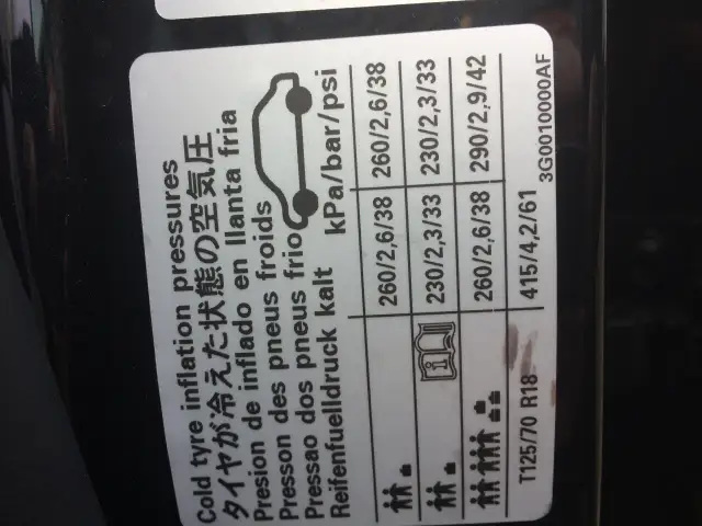 Naklejka z informacjami o ciśnieniu w oponach w różnych językach i ikonami.