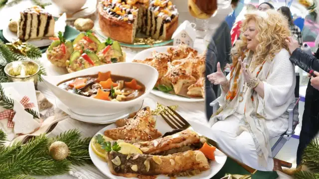 Czy catering wigilijny od gwiazd gastronomii smakuje jak domowy? Na stole ryba, zupa, ciasto i gwiazdki z ciasta francuskiego.