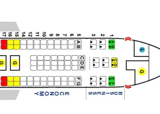 Schemat miejsc w samolocie: miejsca w klasie biznes (zielone, żółte) i ekonomicznej (czerwone, żółte, białe).