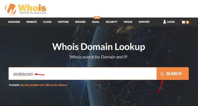 Strona Whois Domain Lookup z polem wyszukiwania domeny i przyciskiem "Search".