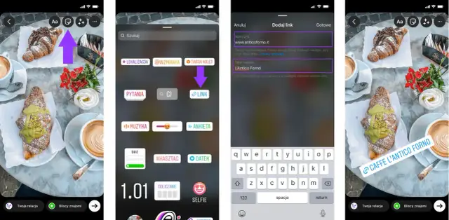 Ekran telefonu z widokiem na dodawanie naklejki z linkiem do Instagram Story.