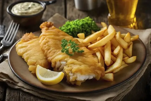 Smażona ryba z frytkami, groszkiem, cytryną i sosem na talerzu.