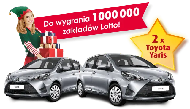 Świąteczna lotteria Lotto: wygraj 1 000 000 zakładów i 2 Toyoty Yaris! Elfka z prezentami zaprasza do zabawy.