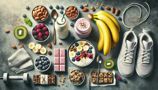 Zdjęcie przedstawia zestaw produktów spożywczych i akcesoriów sportowych: owoce, jogurt, batony, orzechy, buty sportowe i hantle.