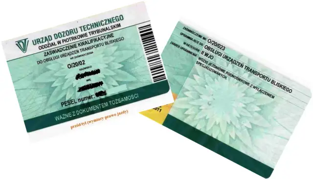 Zaświadczenie kwalifikacyjne do obsługi wózków widłowych. Potwierdza, czy na wózek widłowy trzeba mieć prawo jazdy.