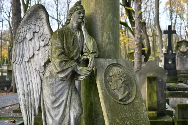 Kamienna rzeźba anioła na cmentarzu, obok nagrobka z medalionem.