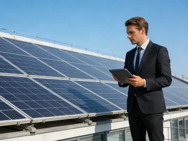 Biznesmen analizuje dane na tablecie przy panelach fotowoltaicznych. Inwestycja w fotowoltaikę w koszty firmy to krok w stronę zielonej energii.