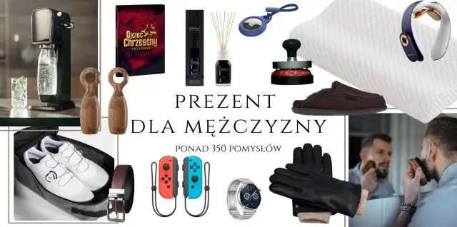 Kolaż prezentów dla mężczyzny: saturator, książka, dyfuzor, lokalizator, buty, pasek, kontrolery, zegarek, rękawiczki, kapcie, poduszka, masażer.